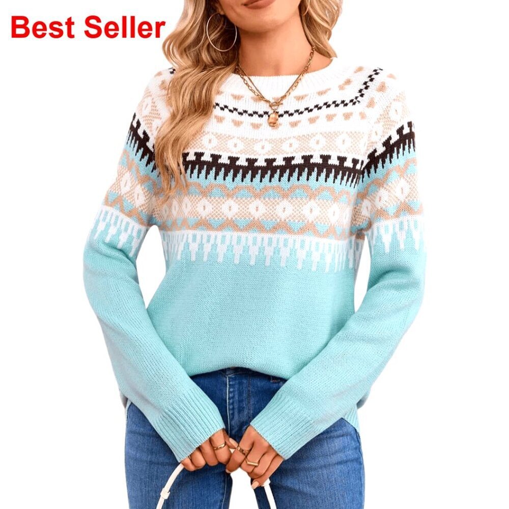 Vintage Fair Isle Pullover Sweater Crewneck Long Sleeve Lightweight Knit Top